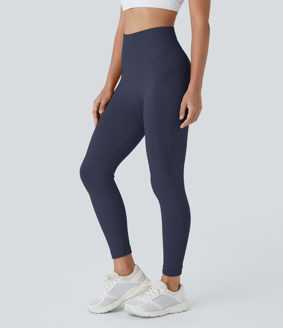 OneForm Seamless Flow High Waisted Ruched 7/8 Yoga Leggings - Peacoat