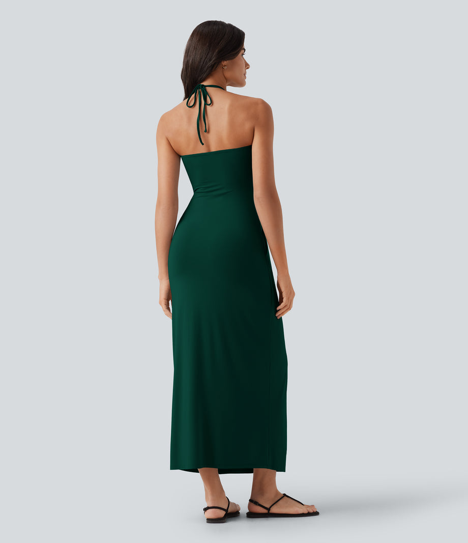 Halter Tie Back Maxi Dress with Pockets - Emerald Green