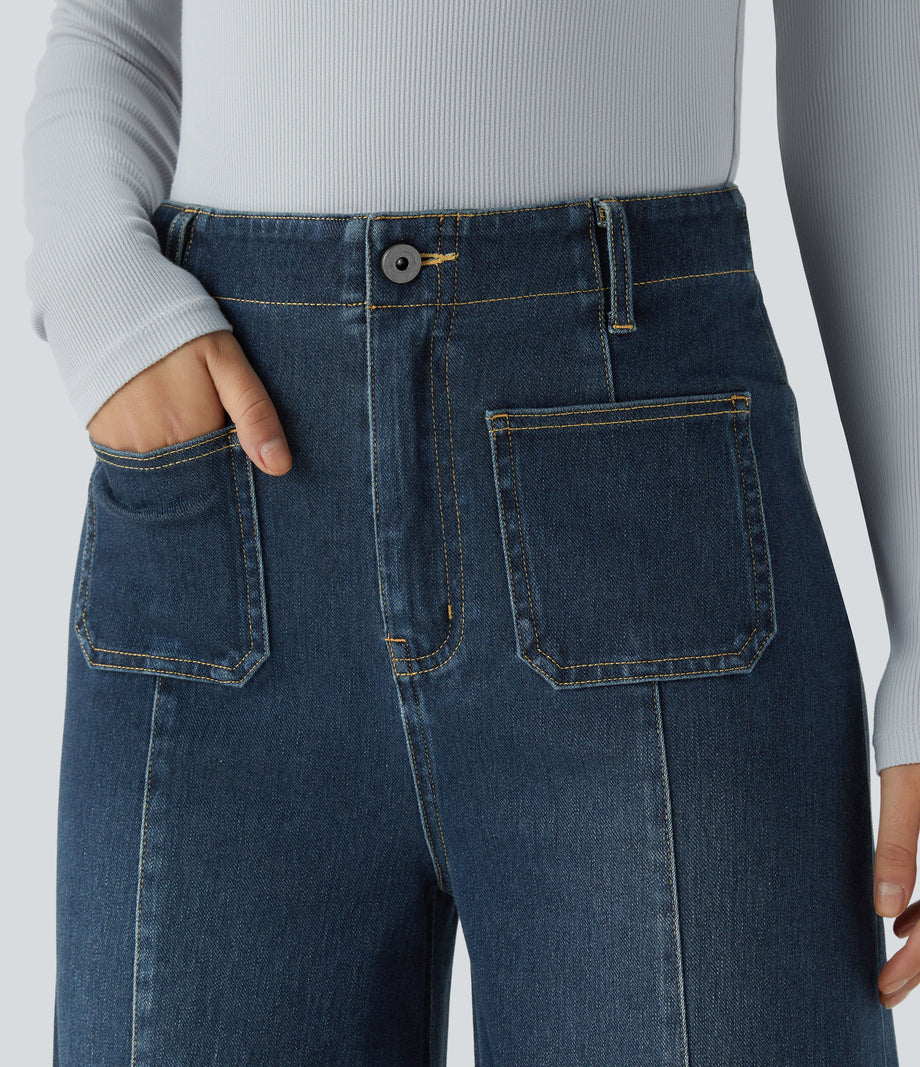 Halara Flex™ High Waisted Pockets Washed Casual Wide Leg Jeans - Distressed Denim Dark Blue
