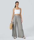 Breezeful™ High Waisted Shirred Tie Front & Back Wide Leg Flowy Quick Dry Casual Pants - Ghost Gray