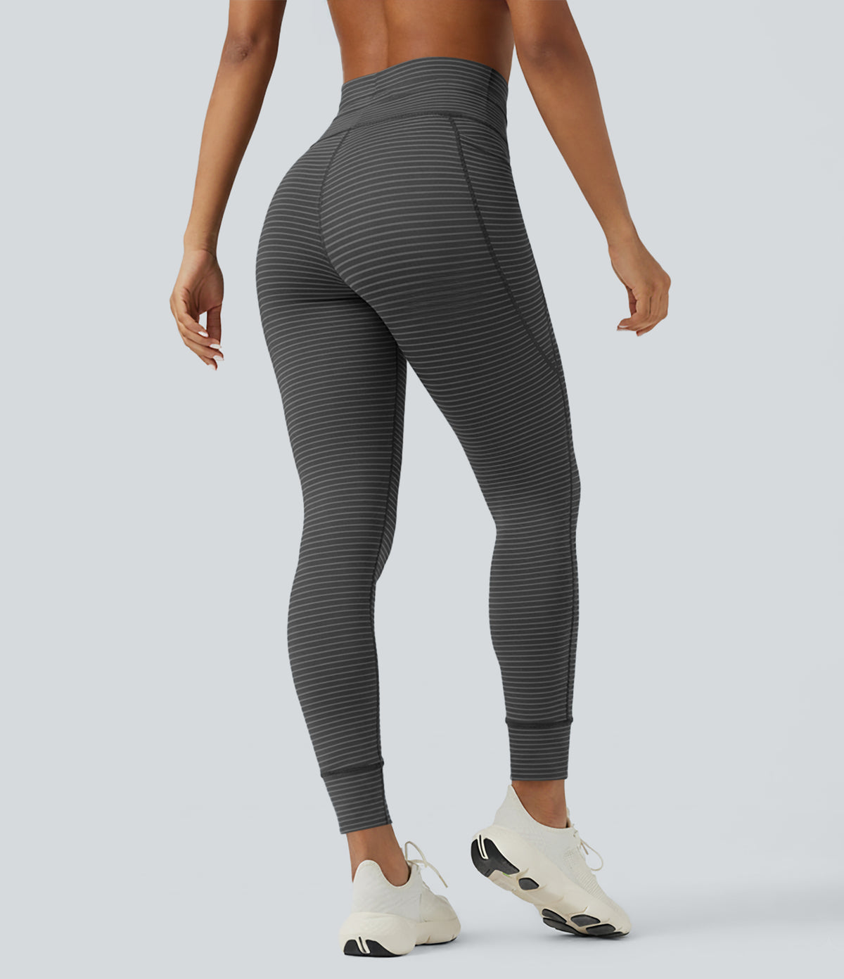 High Waisted Drawstring Striped Yoga Leggings with Pockets - Iron Gray