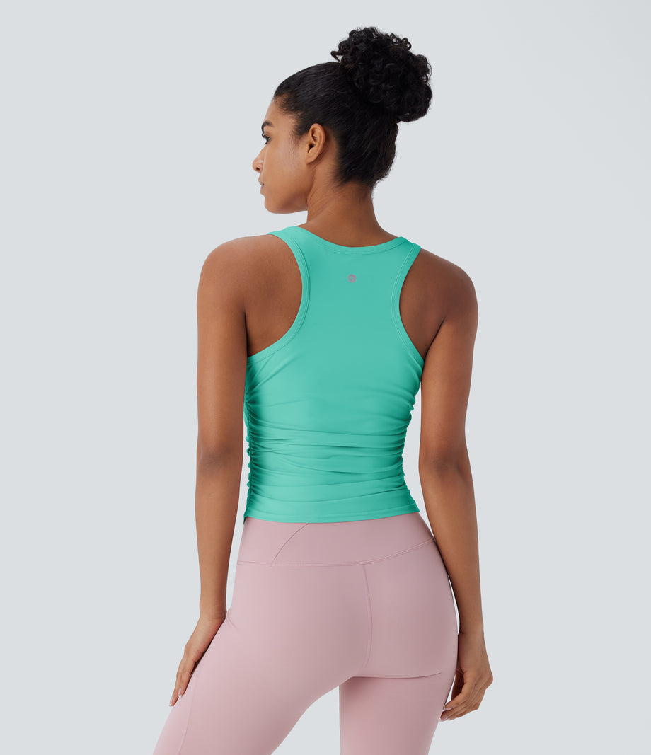 Round Neck Racerback Ruched Yoga Tank Top - Beveled Glass