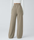 High Waisted Pocket Straight Leg Baggy Mop Corduroy Casual Pants - Crockery