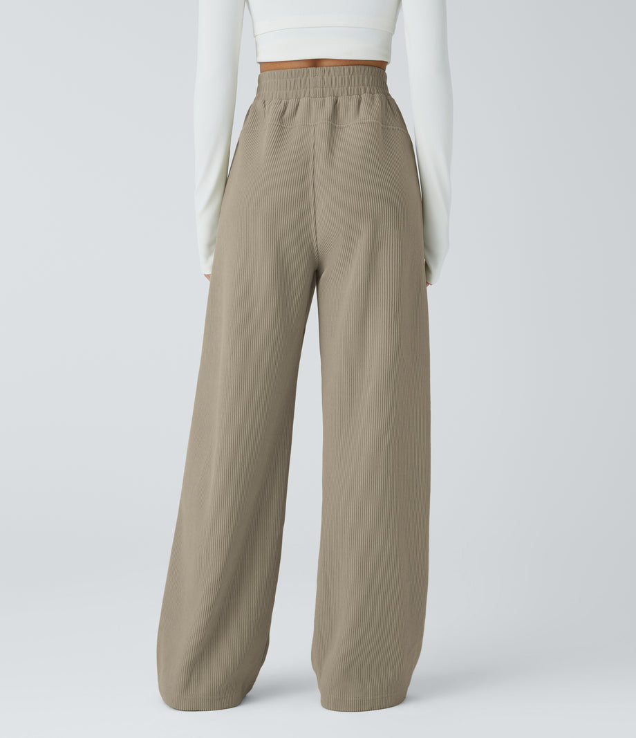High Waisted Pocket Straight Leg Baggy Mop Corduroy Casual Pants - Crockery