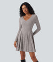 Ribbed Knit V Neck Long Sleeve Flare Mini Casual Dress with Pockets - Light Pink Floral Yarn