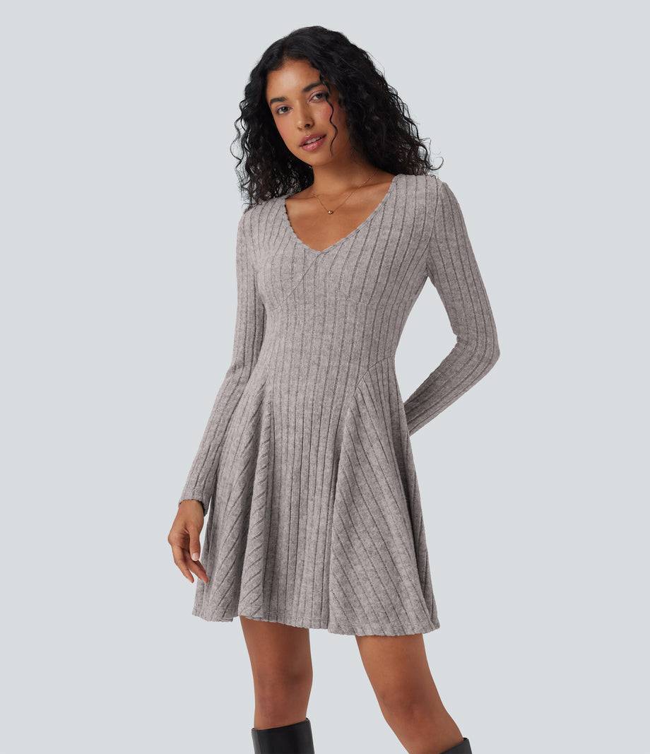 Ribbed Knit V Neck Long Sleeve Flare Mini Casual Dress with Pockets - Light Pink Floral Yarn