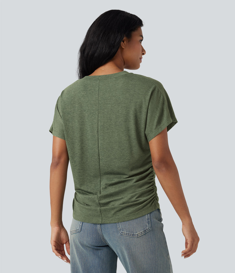 V-neck Short Sleeve Ruched Relaxed Casual Top - Light Green Floral Yarn