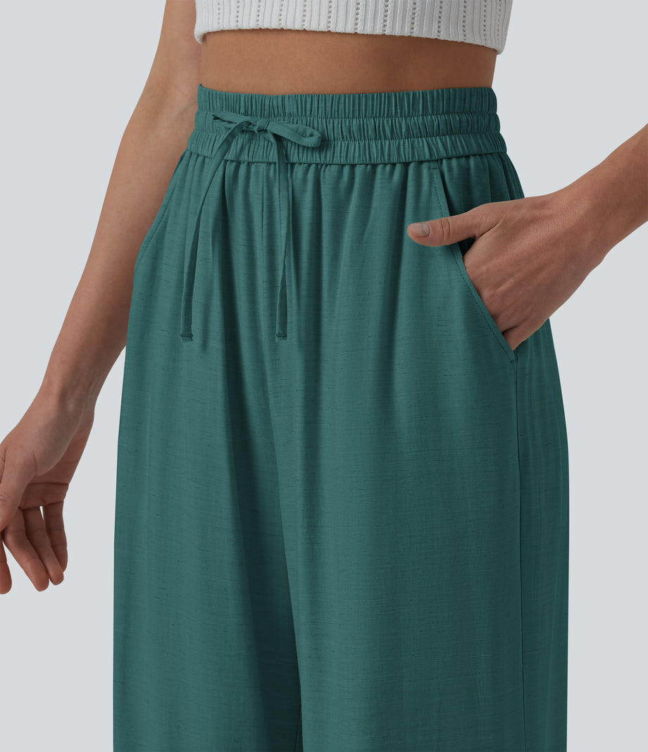 High Waisted Drawstring Wide Leg Casual Linen-Blend Pants with Pockets - Jasper