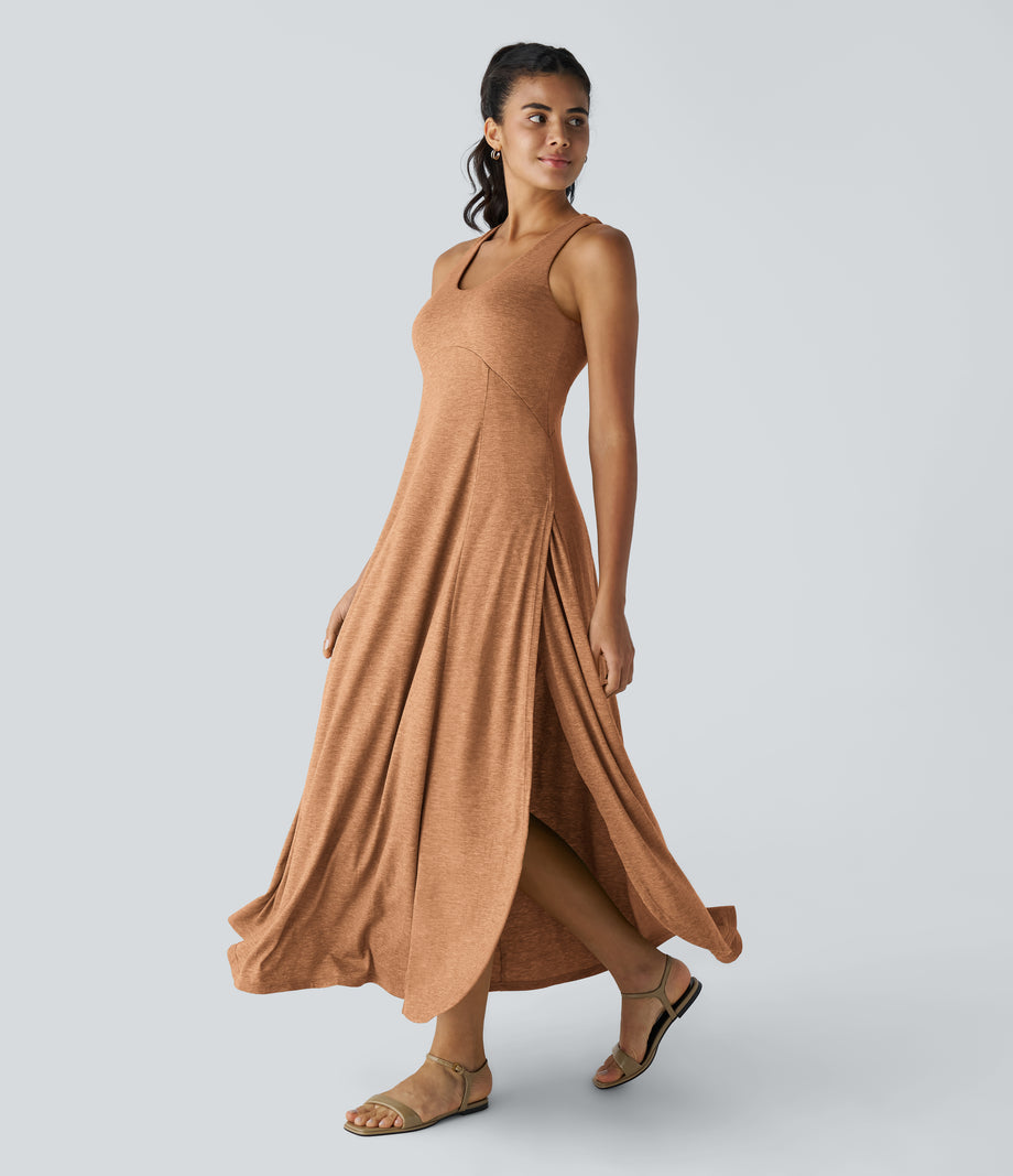 U Neck Flowy Maxi Casual Tank Dress - Pumpkin Orange Floral Yarn