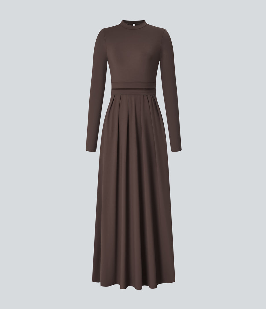 Mock-neck Long Sleeve Pocket Flare Maxi Casual Dress - Chestnut