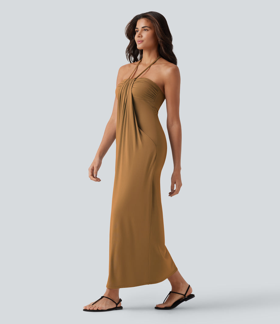 Halter Tie Back Maxi Dress with Pockets - Sudan Brown