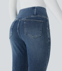 Halara Flex™ High Waisted Crossover Pocket Washed Casual Flare Jeans - Frost Blue Denim