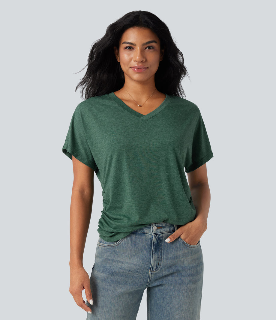 V-neck Short Sleeve Ruched Relaxed Casual Top - Emerald Floral Yarn