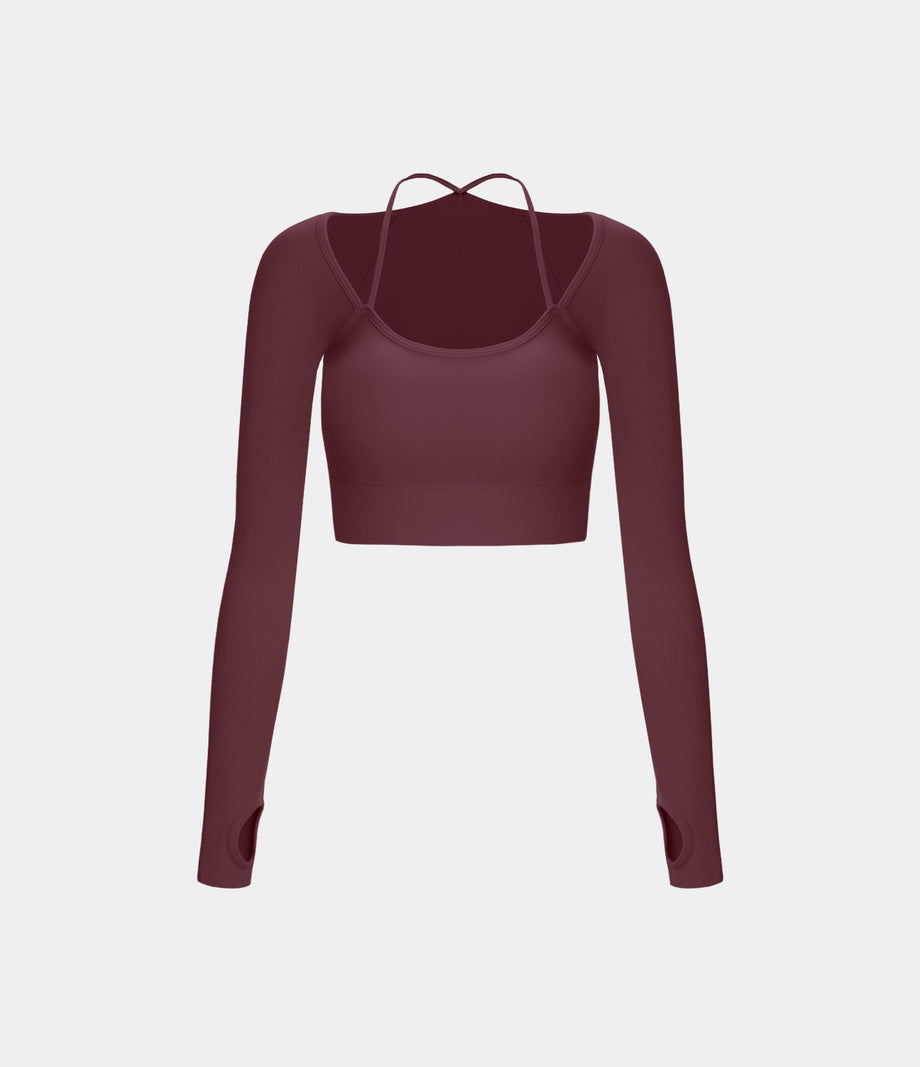 Ribbed Halter Strap Thumb Hole Cropped Yoga Sports Top - Maroon Banner