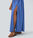 Twisted Backless Split Flowy Maxi Resort Dress with Pockets - Sky Blue Floral Yarn