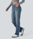 Halara Flex™ Low Rise Zipper Pockets Washed Casual Bootcut Jeans - Light Azure Blue Denim