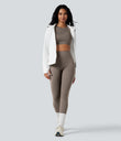 Halara Ultrasculpt™ Heat High Waisted Tummy Control Crossover Back Fleece Running Leggings with Pockets - Walnut