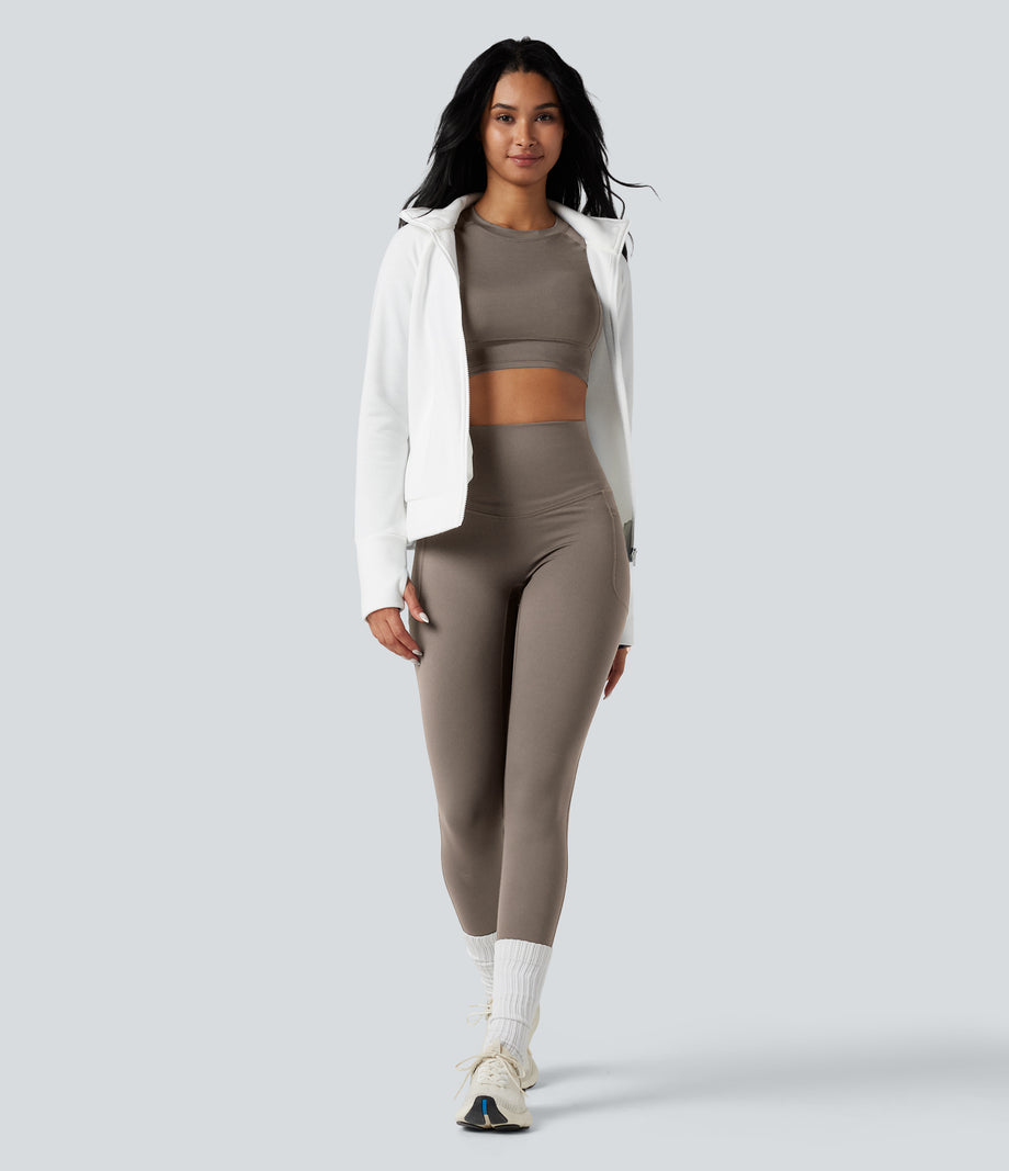 Halara Ultrasculpt™ Heat High Waisted Tummy Control Crossover Back Fleece Running Leggings with Pockets - Walnut