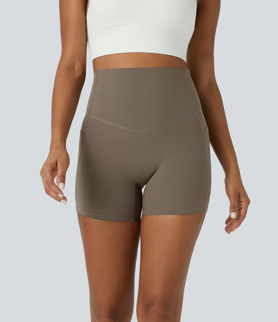 Halara UltraSculpt™ High Waisted Tummy Control Side Pocket Shaping Training Biker Shorts 5'' - Dawn Brown