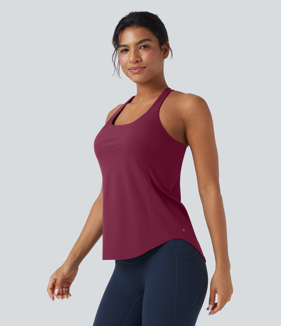 Halara UltraSculpt™ Round Neck Crisscross Back Running Tank Tops DD-F Cups - Red Plum