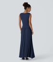 Ribbed Boat Neck Asymmetric Strap Ruched Pocket Flowy Maxi Casual Dress - Nightfall Blue