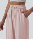 High Waisted Drawstring Wide Leg Casual Linen-Blend Pants with Pockets - Rosewater