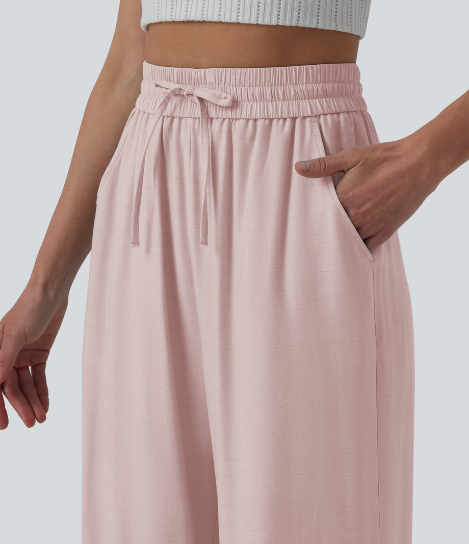 High Waisted Drawstring Wide Leg Casual Linen-Blend Pants with Pockets - Rosewater