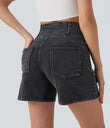 Halara Flex™ Crossover High Waisted Pockets Wide Leg A Line Washed Denim Casual Shorts - Iron Gate Denim