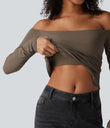 Ribbed Knit Off Shoulder Long Sleeve 2-in-1 Casual Top - Shitake