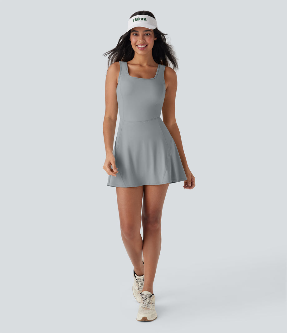 SoftlyZero™ Airy U Neck 2-in-1 Pocket Mini Cool Touch Dance Active Dress-Easy Peezy - Quarry