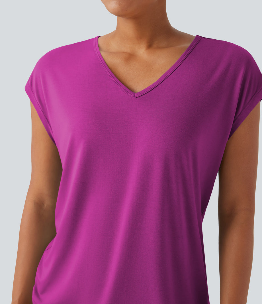 V Neck Short Sleeve Casual T-Shirt - Fuchsia Fedora