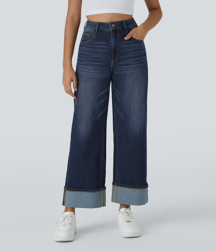 Halara Flex™ High Waisted Pockets Rolled Hem Wide Leg Washed Casual Jeans - Distressed Denim Dark Blue