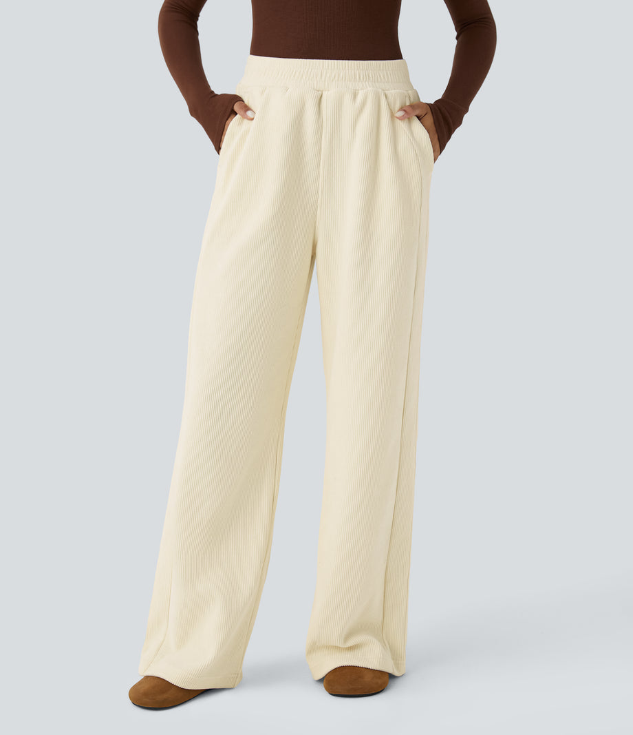 High Waisted Pocket Straight Leg Baggy Mop Corduroy Casual Pants - Vanilla Ice
