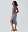 Ruched Lace Up Bodycon Midi Casual Dress - Snowflake Blue