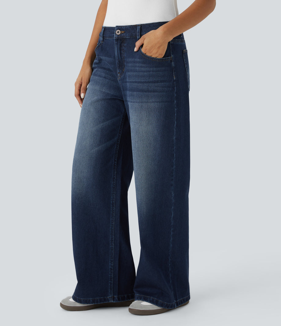 Halara Flex™ Low Rise Zipper Pockets Washed Baggy Wide Leg Casual Jeans - Distressed Denim Dark Blue