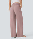 High Waisted Drawstring Pocket Wide Leg Baggy Casual Linen-Feel Pants - Deauville Mauve