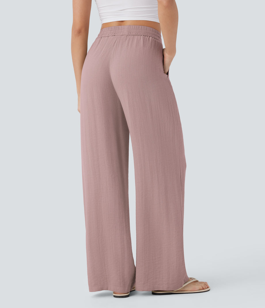 High Waisted Drawstring Pocket Wide Leg Baggy Casual Linen-Feel Pants - Deauville Mauve