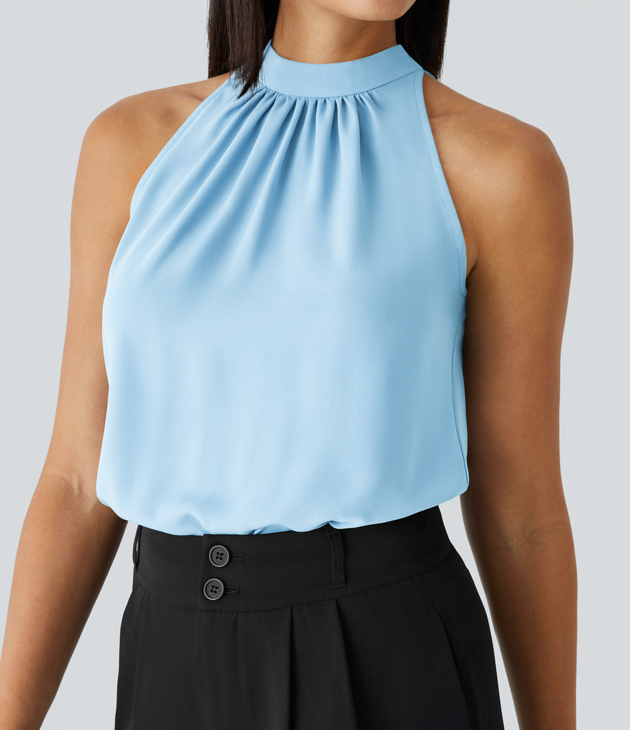 Keyhole Back Halter Sleeveless Curved Hem Work Blouse - Rippling Blue