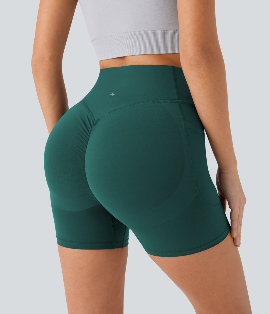 Halara UltraSculpt™ High Waisted Scrunch Butt Lifting Tummy Control Pocket Shaping Workout Biker Shorts 5'' - Forest Biome