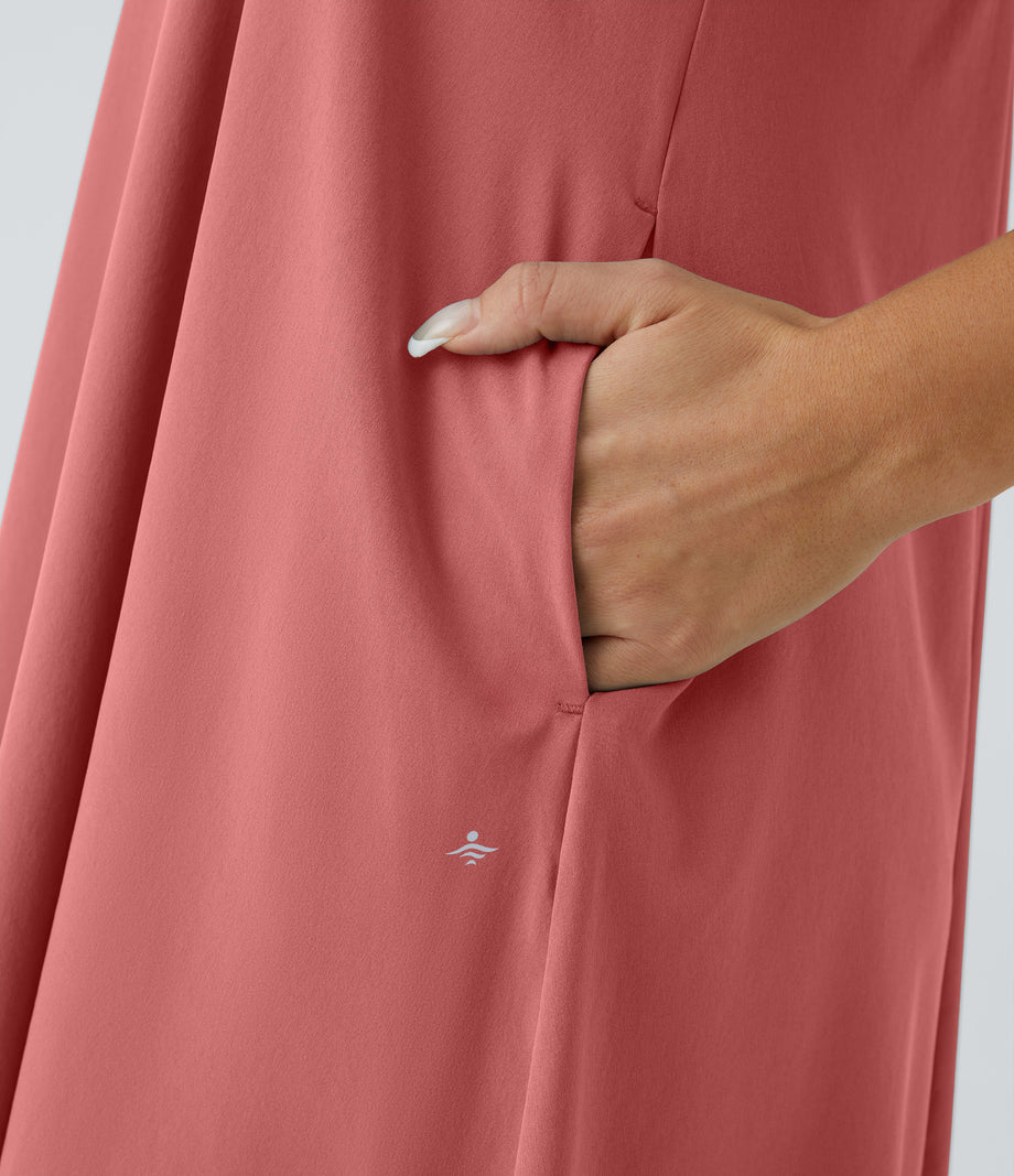 Breezeful™ Backless Racerback Side Pocket High Low Flowy Midi Quick Dry Casual Dress - Kapok Red