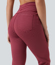 High Waisted Drawstring Stripe Flare Yoga Pants with Pockets - Crimson Rose