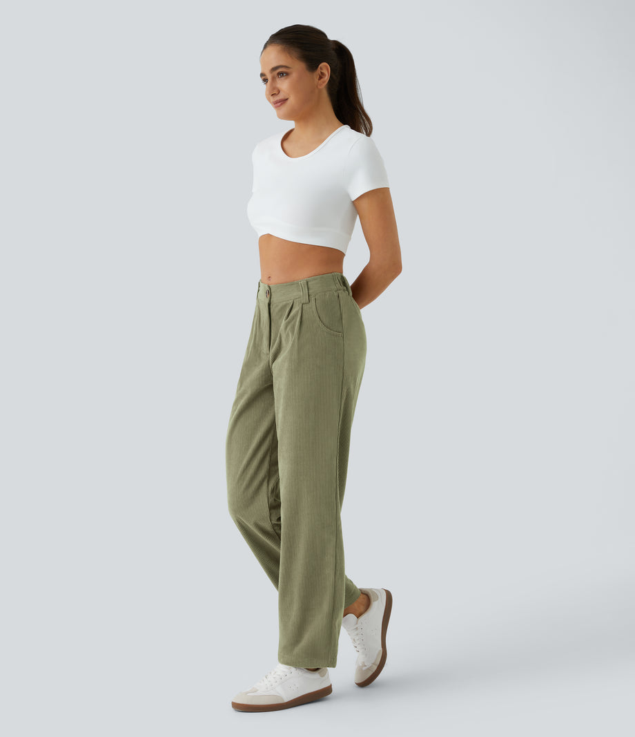 Mid Rise Zipper Pocket Corduroy Casual Pants - Boa