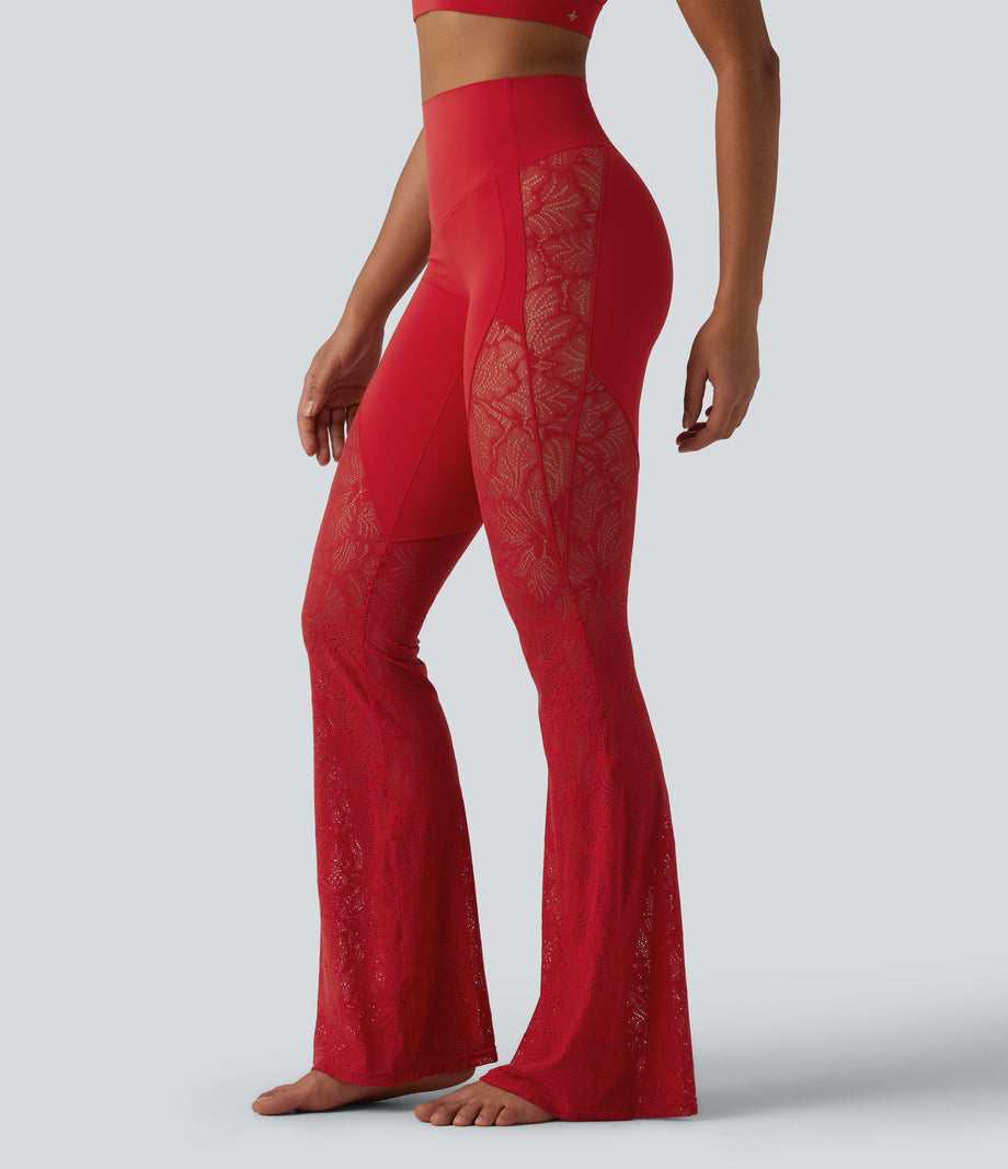 Halara UltraSculpt™ High Waisted Tummy Control Contrast Lace Yoga Flare Leggings with Pocket - Aura Orange
