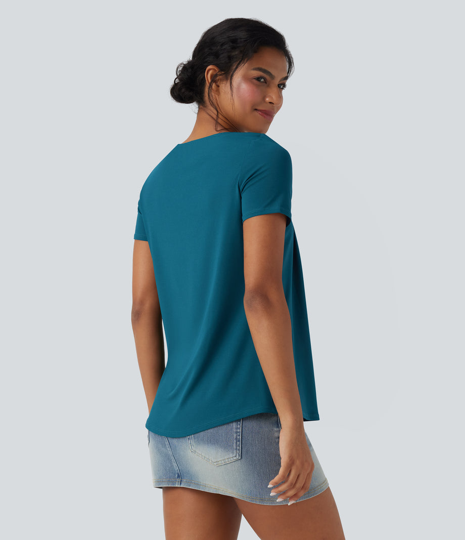 Square Neck Short Sleeve Casual Top - Crystal Teal