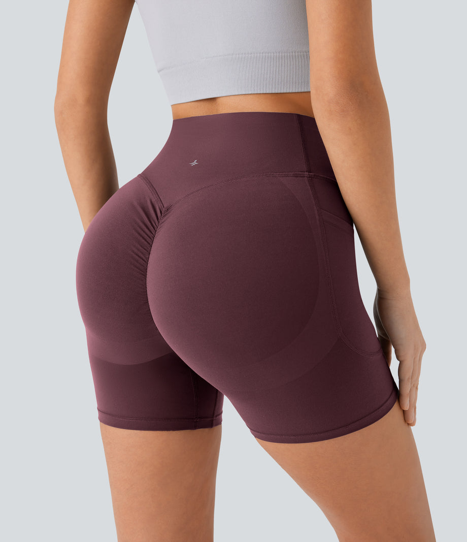 Halara UltraSculpt™ High Waisted Scrunch Butt Lifting Tummy Control Pocket Shaping Workout Biker Shorts 5'' - Evening Red