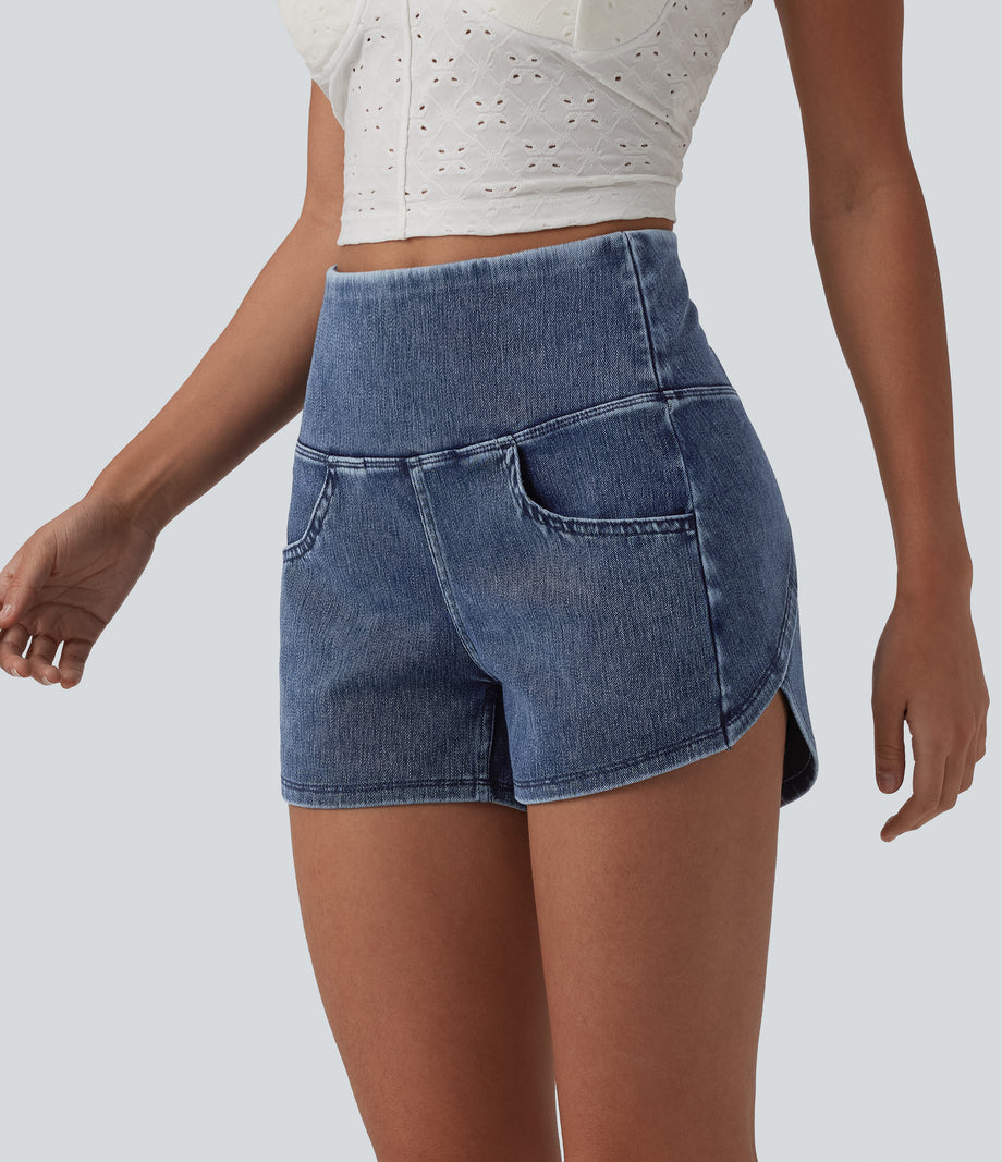 Halara Flex™ High Waisted Tummy Control Curved Hem Skinny Denim Casual Shorts with Pockets - Tide Blue Denim