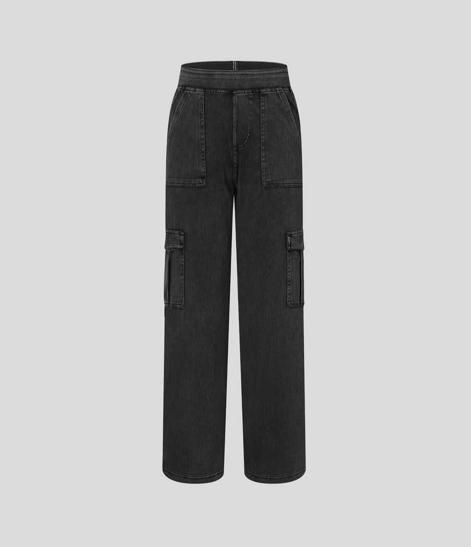 Halara Flex™ Mid Rise Pockets Straight Leg Casual Cargo Jeans - Hemp Rope Black Denim