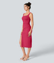 SoftlyZero™ Airy Square Neck Backless Corset Ruched Split Bodycon Midi Cool Touch Bridesmaid and Wedding Guest Dress - Winterberry