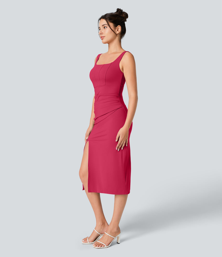 SoftlyZero™ Airy Square Neck Backless Corset Ruched Split Bodycon Midi Cool Touch Bridesmaid and Wedding Guest Dress - Winterberry