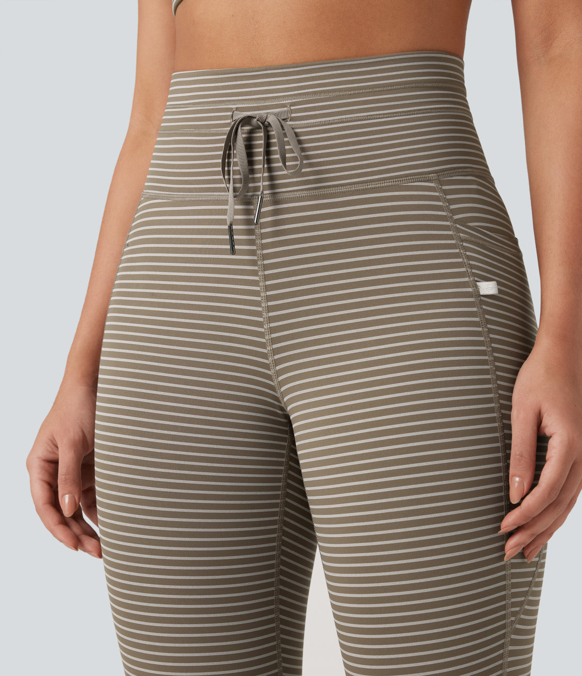 High Waisted Drawstring Striped Yoga Leggings with Pockets - Sandstone Beige
